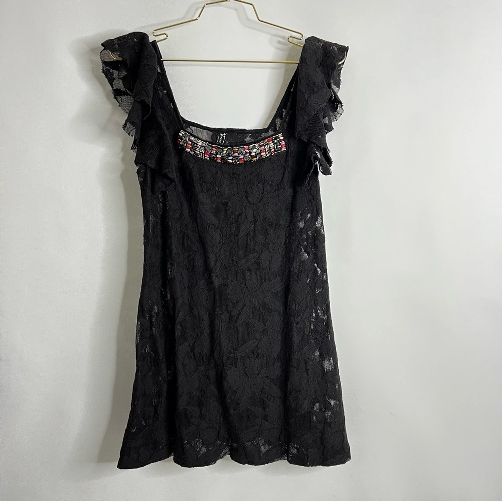 Free People Lace Sheer Mini Dress Size XS Ruffle Sleeve Embellished Square Neck